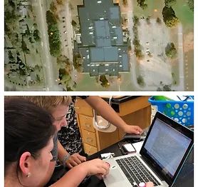 mosaic of two images - top aerial view of school - bottom students using laptop computer