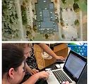 Image mosaic - Aerial view of school on top view and students working on a laptop on the bottom view