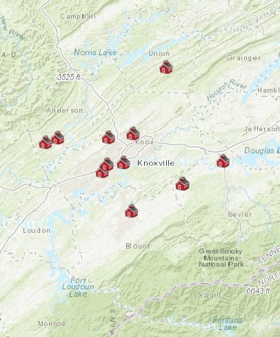 Regional map of East Tennessee with church locations plotted on map 